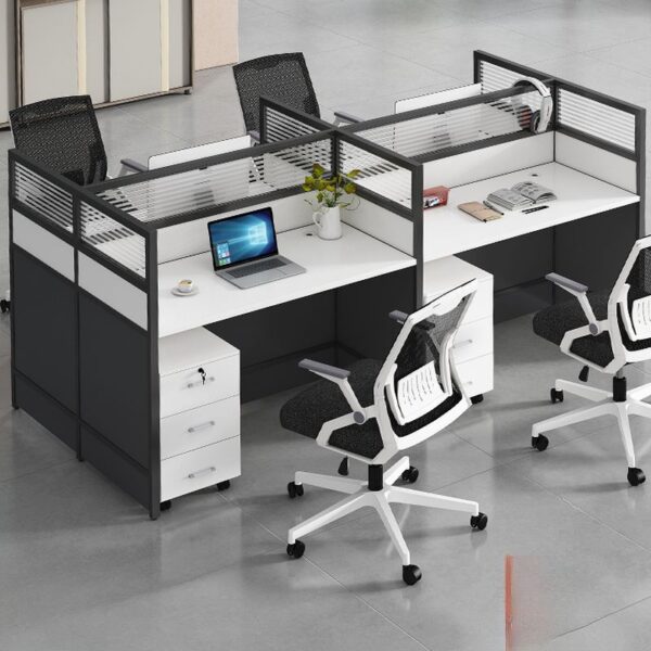 4-Way Modular Office White Workstation with a modern design, spacious surface, and customizable layout for optimal office use.