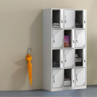 12-Locker Steel Storage Office Cabinet with lockable compartments, providing secure storage for documents and personal items.