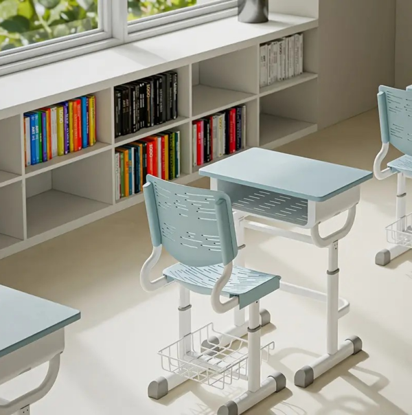 Plastic Adjustable Kid's Desk and Chair set with ergonomic design and vibrant colors for a comfortable study space.