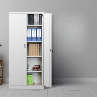 2-Steel Door Vertical Filing Storage Cabinet with adjustable shelves and a grey finish.