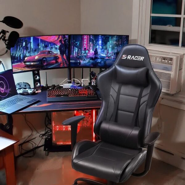 Ergonomic Leather Racing Gamer Chair with adjustable armrests, height, and backrest for comfort and support during long gaming or work sessions.