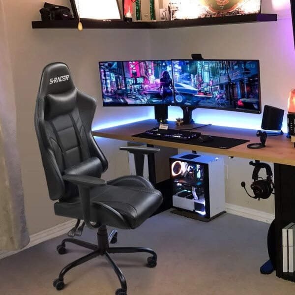 Ergonomic Leather Racing Gamer Chair with adjustable armrests, height, and backrest for comfort and support during long gaming or work sessions.