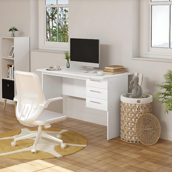 1.2 Meters White Wooden Study Desk with spacious surface and sleek design.