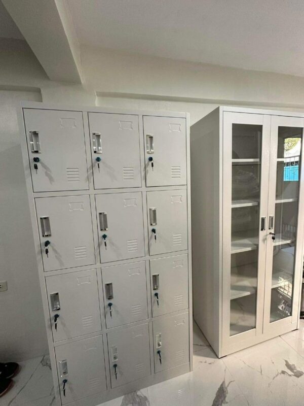 12-Locker Steel Storage Office Cabinet with lockable compartments, providing secure storage for documents and personal items.