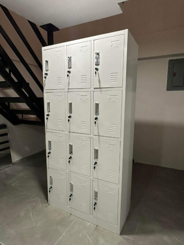 12-Locker Steel Storage Office Cabinet with lockable compartments, providing secure storage for documents and personal items.