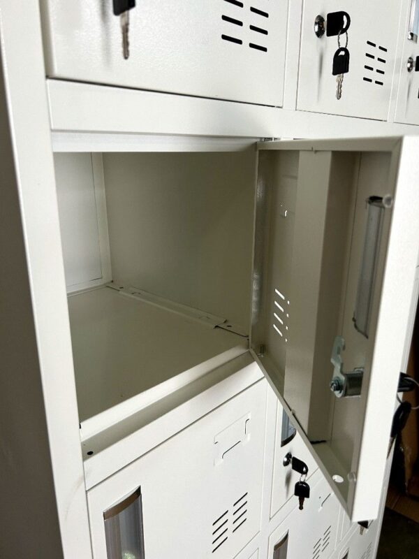 12-Locker Steel Storage Office Cabinet with lockable compartments, providing secure storage for documents and personal items.