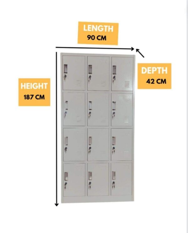 12-Locker Steel Storage Office Cabinet with lockable compartments, providing secure storage for documents and personal items.