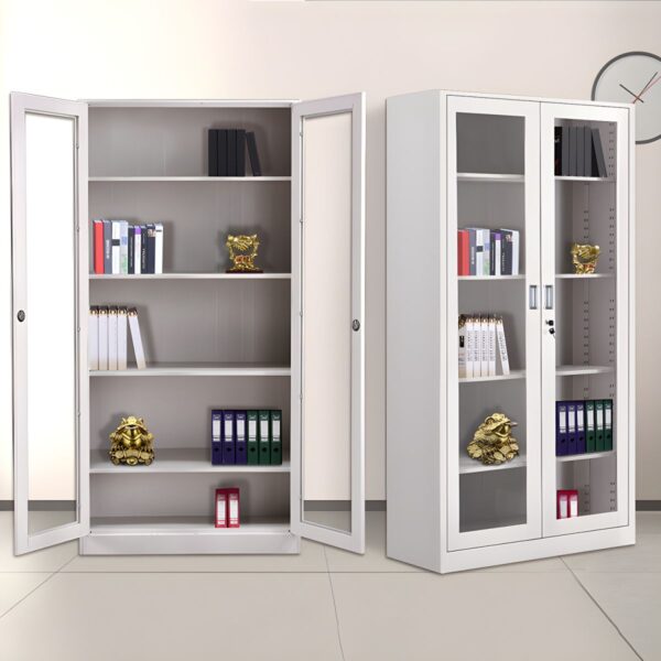 2-Glass Door Open View Storage Cabinet with traditional wooden frame and transparent glass doors in an organized living room setting.