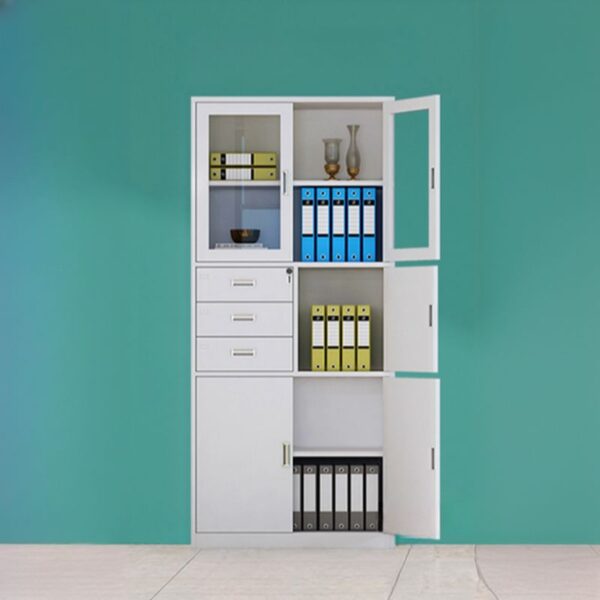 White Steel Storage Cabinet with Safe, offering secure storage and organizational compartments for office supplies and valuables.