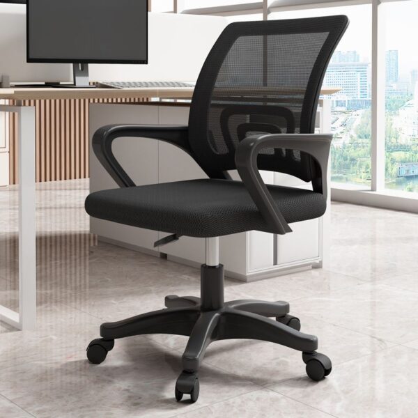 Swivel Clerical Mesh Office Chair with adjustable height, armrests, and ergonomic lumbar support in a modern office setting.