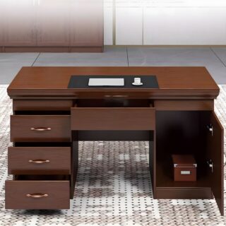 140cm Executive Staff Wooden Writing Desk with storage drawers and sleek brown wood finish.