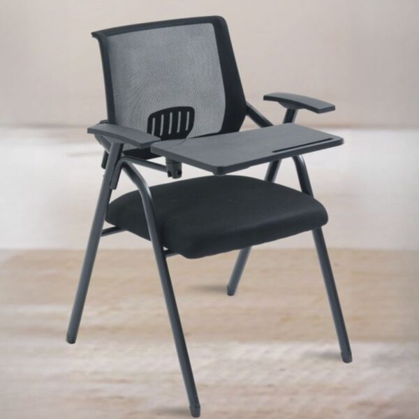 Modern Minimalist Chair with attached desk, ideal for space-saving workspaces and contemporary settings.