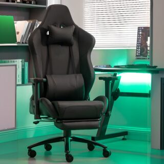 Black Tilt Lock Gaming Chair with adjustable height, tilt lock mechanism, and a removable headrest pillow for added comfort during long sessions.