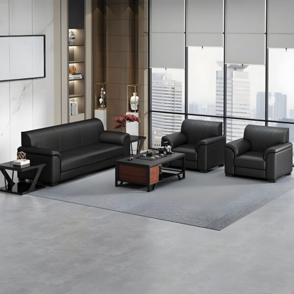 Modern Black Leather 5-Seater Office Sofa with plush cushions and sleek design, perfect for offices and waiting areas.