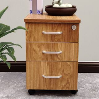 Pedestal Wooden Storage Office Cabinet with multiple drawers in a natural wood finish, ideal for organizing office supplies and files.