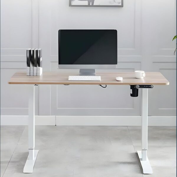 1600mm Modern Writing Standing Desk with adjustable height, sleek design, and spacious surface in a home office setting.