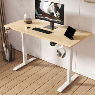 120cm Elegant Electric Standing Office Desk with wooden top and adjustable height mechanism.