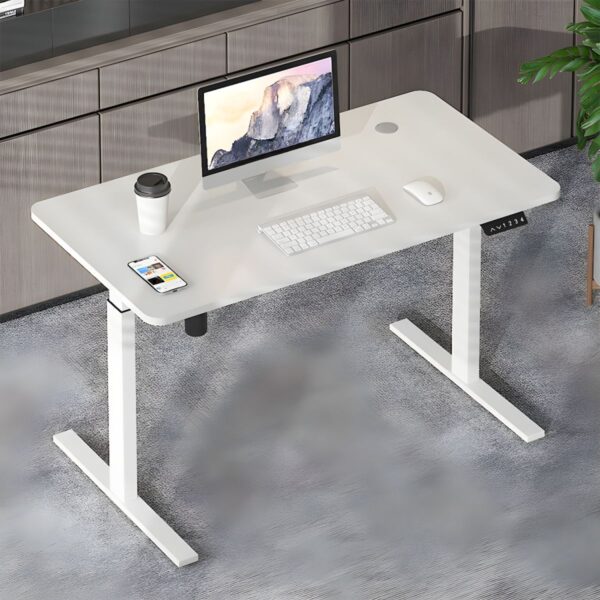 Home Office 140cm Adjustable Desk with wooden top and height adjustment feature.