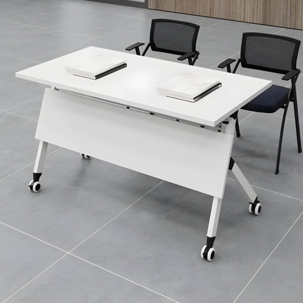 Sleek White Wood Foldable Office Table with modern design and ample workspace, ideal for home or small offices.