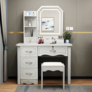 White Solid Wood Makeup Vanity Table with spacious top and storage drawers.