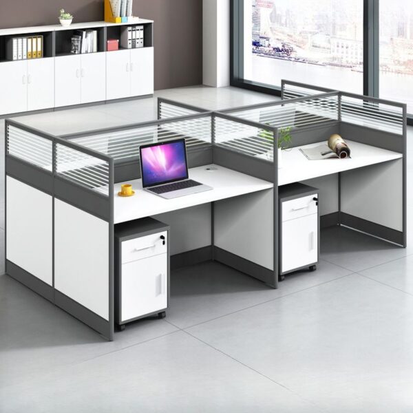 4-Seater Open View Office Workstation with a white wooden finish and spacious design for collaborative work.