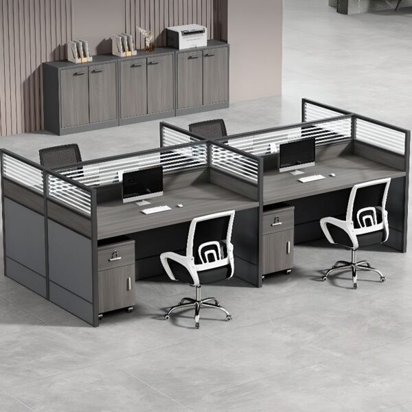 4-seater brown office workstation with ergonomic seating, spacious desks, and integrated cable management.