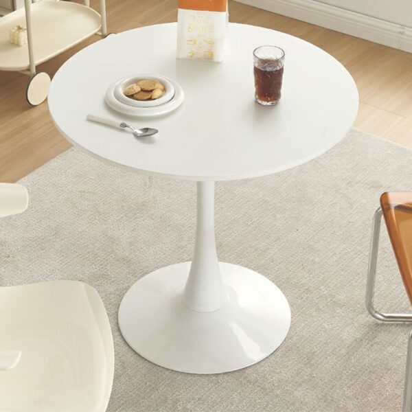 Round Dining Table with a natural wooden top and sturdy iron tulip base, designed for modern dining rooms and gatherings.