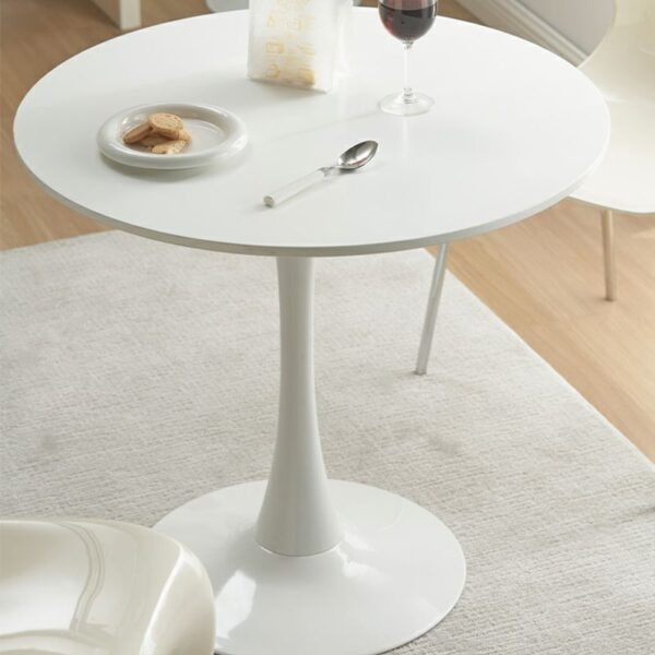 Round Dining Table with a natural wooden top and sturdy iron tulip base, designed for modern dining rooms and gatherings.