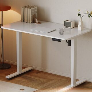 1.2-meter wooden adjustable office desk with a sleek top and power-adjustable height feature for ergonomic work positions.