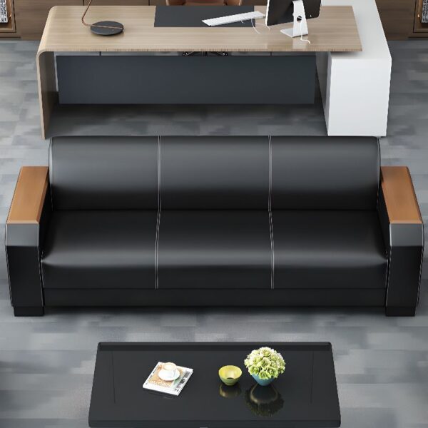 5-Seater Black Leather Office Sofa with plush cushions, designed for comfort and style in professional office spaces.