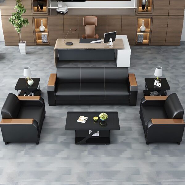 5-Seater Black Leather Office Sofa with plush cushions, designed for comfort and style in professional office spaces.