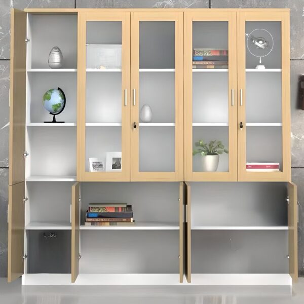 3-Door Natural Finish Wooden Cabinet with glass-front doors and adjustable shelves, perfect for office or home use.