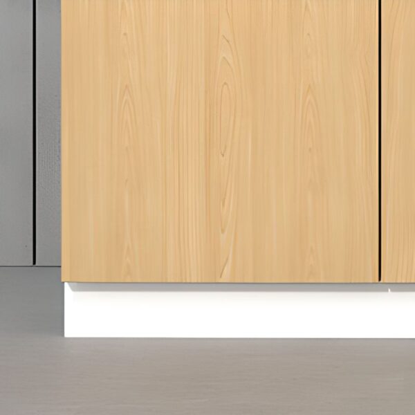 3-Door Natural Finish Wooden Cabinet with glass-front doors and adjustable shelves, perfect for office or home use.