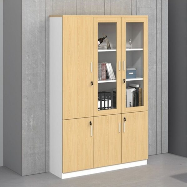 3-Door Natural Finish Wooden Cabinet with glass-front doors and adjustable shelves, perfect for office or home use.