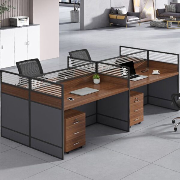 4-Way Modular Wooden Workstation with customizable configurations, spacious surface, and built-in storage for a versatile and organized workspace.