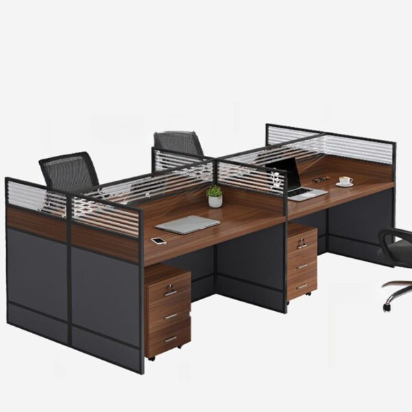 4-Way Modular Wooden Workstation with customizable configurations, spacious surface, and built-in storage for a versatile and organized workspace.