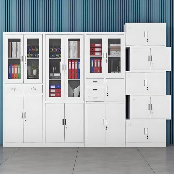 Steel 2-Door File White Office Cabinet with adjustable shelves, providing ample storage space for documents and office essentials.