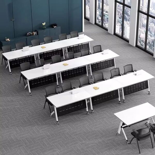 Office Foldable Rectangle Training Table with sturdy frame, spacious surface, and foldable design for easy storage and portability in office or training environments.