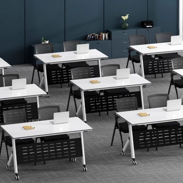 Office Foldable Rectangle Training Table with sturdy frame, spacious surface, and foldable design for easy storage and portability in office or training environments.