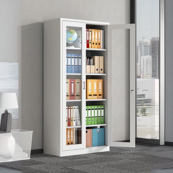 2-Glass Door White Steel File Cabinet with durable steel construction, clear glass doors, and compact design, perfect for organizing office documents.