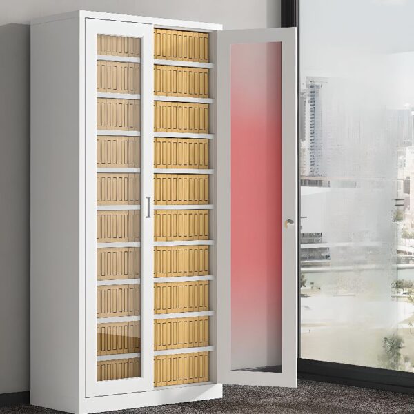 2-Glass Door White Steel File Cabinet with durable steel construction, clear glass doors, and compact design, perfect for organizing office documents.