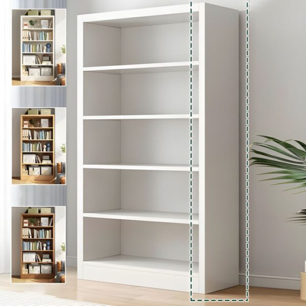 White Stylish Wooden Office Bookcase with four open shelves for storage and a modern, minimalist design.