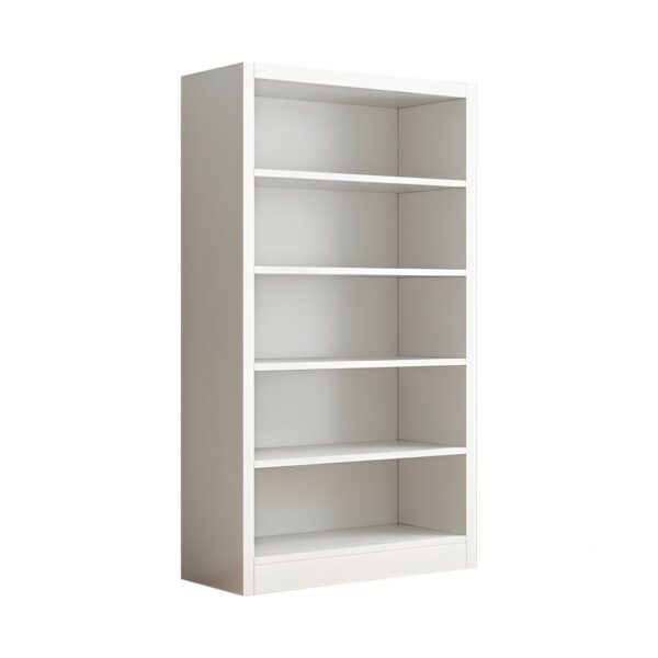 White Stylish Wooden Office Bookcase with four open shelves for storage and a modern, minimalist design.