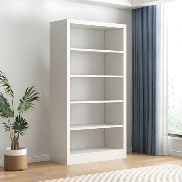 White Stylish Wooden Office Bookcase with four open shelves for storage and a modern, minimalist design.