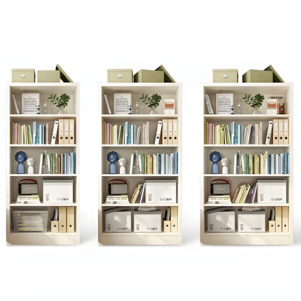 White Stylish Wooden Office Bookcase with four open shelves for storage and a modern, minimalist design.