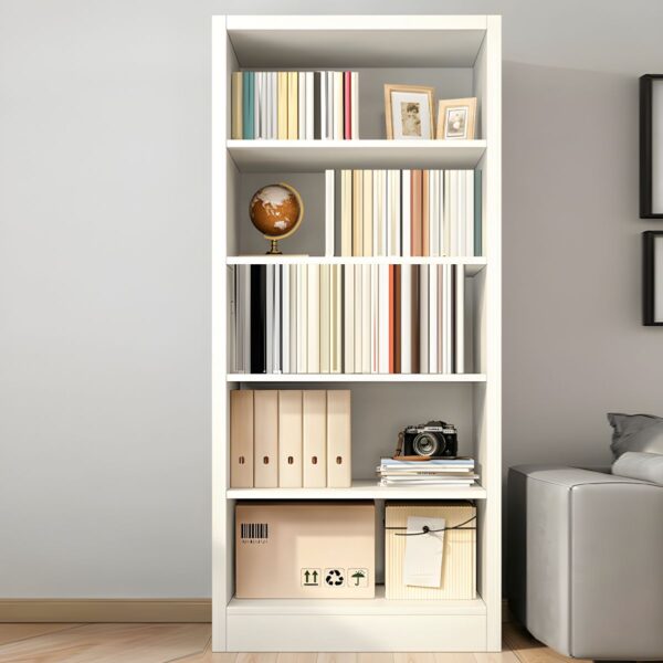 White Stylish Wooden Office Bookcase with four open shelves for storage and a modern, minimalist design.