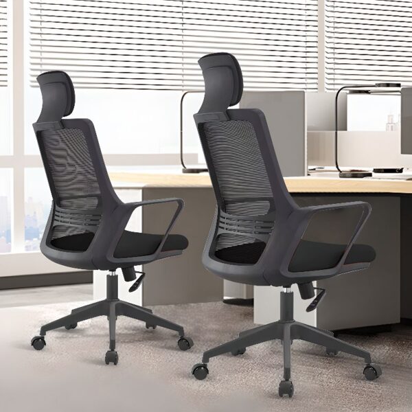 Ergonomic Mesh Upholstered Office Seat with adjustable height and lumbar support, designed for comfort and posture.