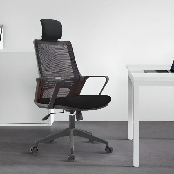 Ergonomic Mesh Upholstered Office Seat with adjustable height and lumbar support, designed for comfort and posture.