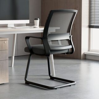 Mesh Upholstered Office Waiting Chair with breathable backrest and cushioned fabric seat, designed for comfort and style in office spaces.