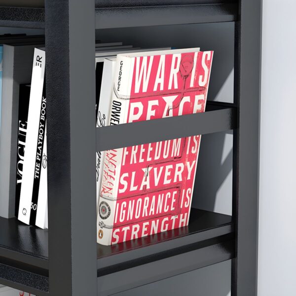 Metal Black Industrial Vertical Bookshelf with open shelves and a sturdy black metal frame, perfect for books and decor.